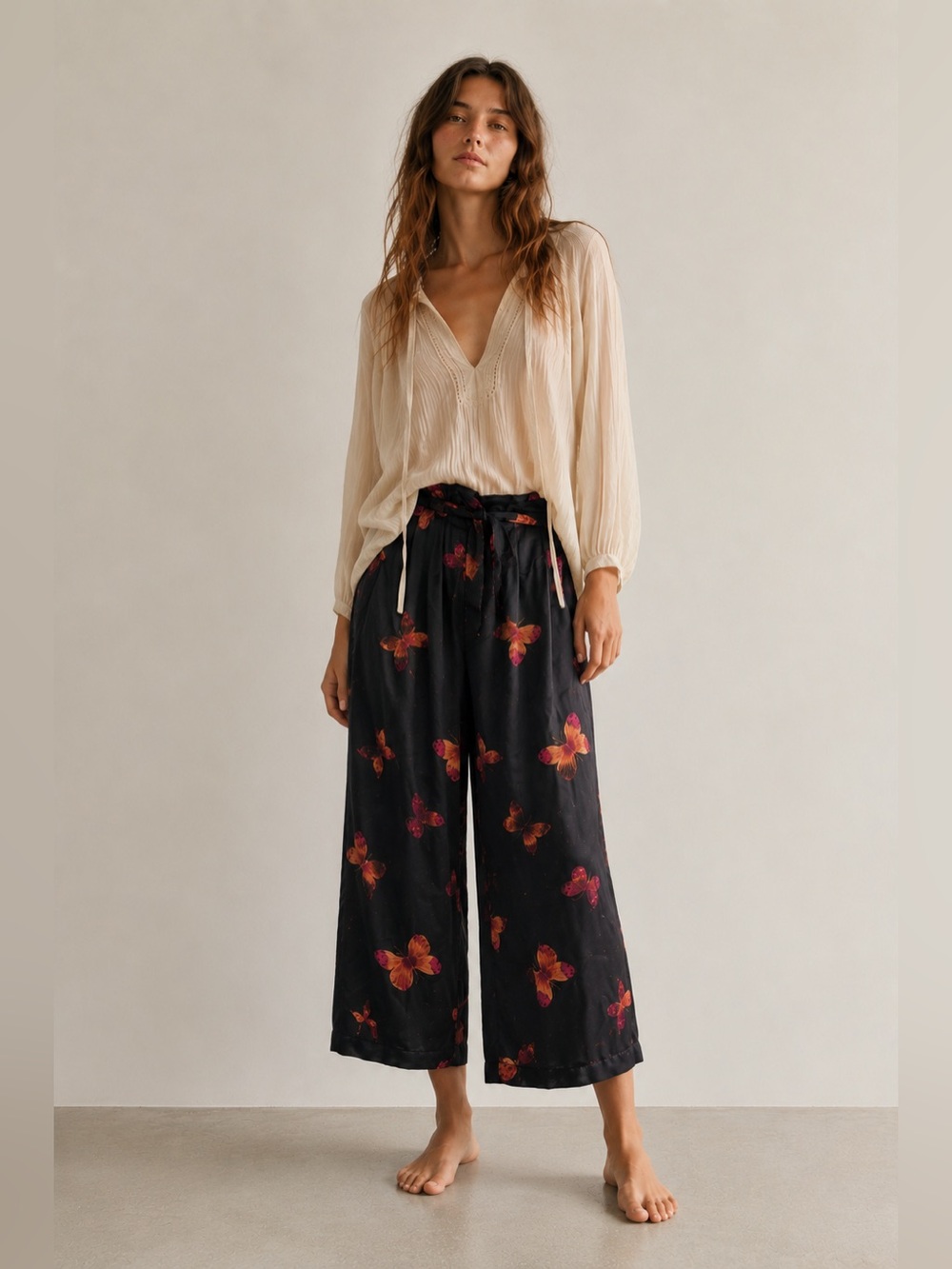 Walter Women’s Butterfly Print Wide Leg Cropped Ankle Pants size 14 Fairy Boho